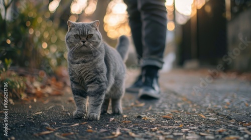 A confident grey cat confidently strides down a leafy sidewalk in autumn, reflecting independence and curiosity amidst a serene, nature-infused urban environment. photo