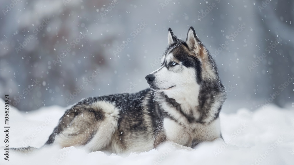 A Siberian Husky with striking eyes settles into a snowy landscape, gazing into the distance as snow gently falls, blending naturally into the wintry scene. A Siberian Husky with striking eyes settles into a snowy landscape, gazing into the distance as snow gently falls, blending naturally into the wintry scene.
