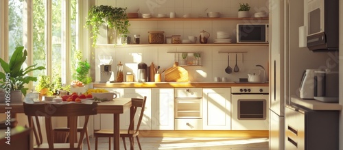 Sunlight streams through the window illuminating a bright kitchen with white cabinets, a wooden table, and a leafy green plant.