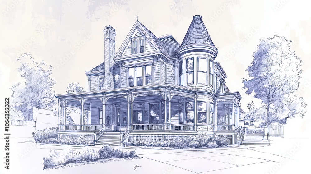 Architectural drawing of a Victorian home with landscaping, front-facing blueprint Architectural drawing of a Victorian home with landscaping, front-facing blueprint