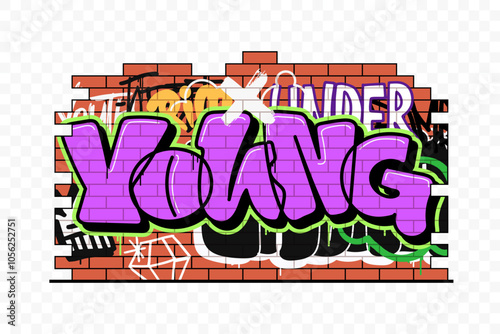 Piece of brick wall covered in graffiti. Cartoon graffiti background with inscription Young. Isolated on transparent background. Ideal for t-shirt print, wallpaper, backdrop. Vector illustration