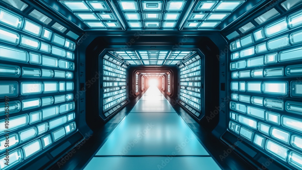 Fototapeta premium Futuristic Corridor - Empty Reflection, A gleaming, empty corridor with a sleek futuristic design. Reflective walls and floor create depth and a sense of isolation. Ideal for sci-fi, technology.