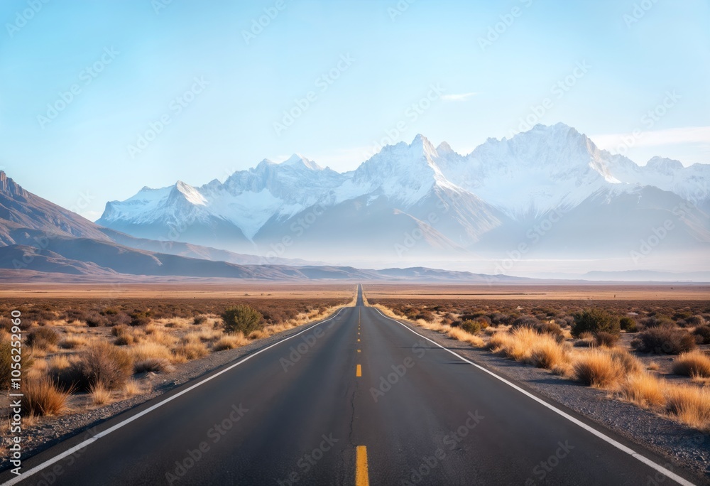 Scenic road leading through arid landscape towards snow-capped mountains during clear daylight hours in remote region Scenic road leading through arid landscape towards snow-capped mountains during clear daylight hours in remote region