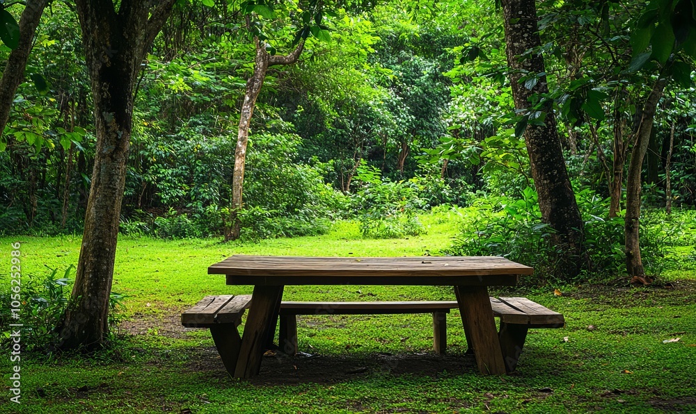 A serene wooden table amidst lush green forest, providing a peaceful, natural setting for relaxation or contemplation A serene wooden table amidst lush green forest, providing a peaceful, natural setting for relaxation or contemplation