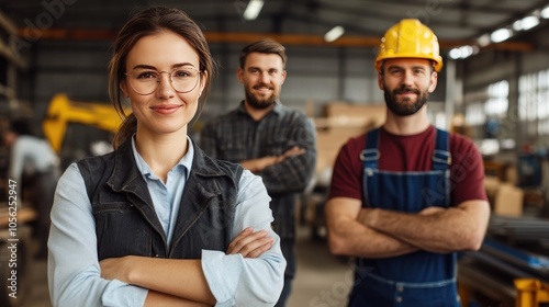 A diverse group of cheerful professionals displays camaraderie, dressed for their respective trades and looking confidently at the camera