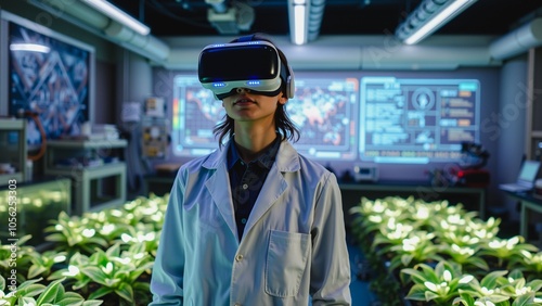 Scientist Utilizing VR for Plant Research, A researcher in a lab coat wearing a virtual reality headset interacts with plants. Surrounded by greenery.
