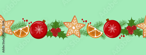 Seamless border- pattern with Christmas elements - gingerbread, Christmas ball, red berries, orange, Christmas fir branches. Design for postcard, gift wrapping etc. Vector.
