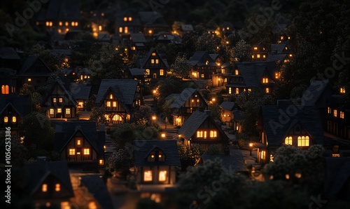 A small village with many houses lit up at night