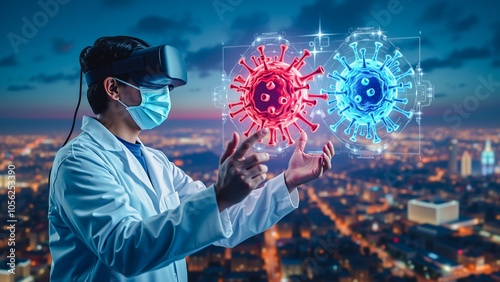 Virtual Reality Virus Research in Futuristic Cityscape , A scientist in a lab coat and face mask uses a VR headset to study glowing red and blue virus particles on a screen. photo