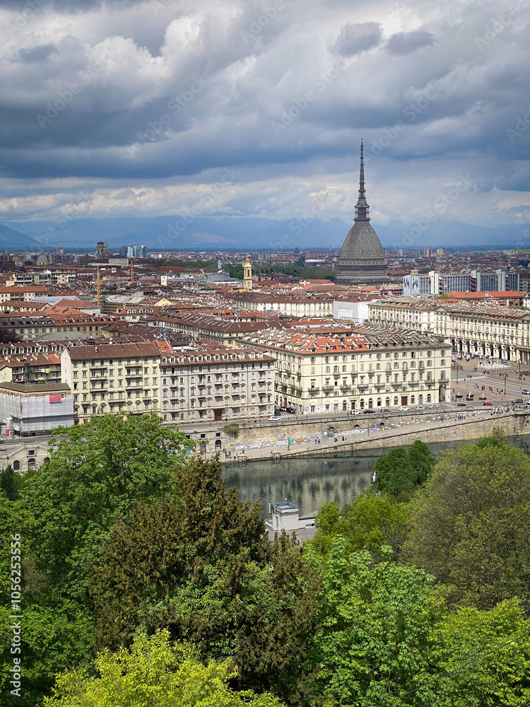 Scenic view cityscape of Turin, Italy seen from Monte dei Cappuccini against cloudy sky