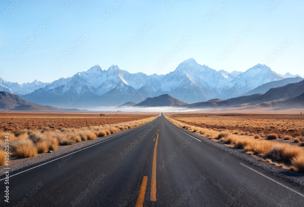 Expansive highway winding through a barren landscape with distant snow-capped mountains under a clear blue sky during daytime Expansive highway winding through a barren landscape with distant snow-capped mountains under a clear blue sky during daytime