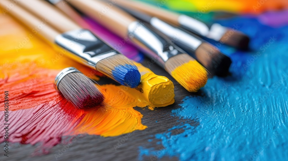 Fototapeta premium Paintbrushes resting on vibrant strokes of colorful paint on a wooden palette, AI