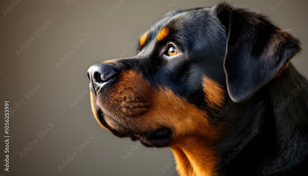 Black and Brown Rottweiler Side Profile with Detailed Fur and Soft Natural Lighting Black and Brown Rottweiler Side Profile with Detailed Fur and Soft Natural Lighting