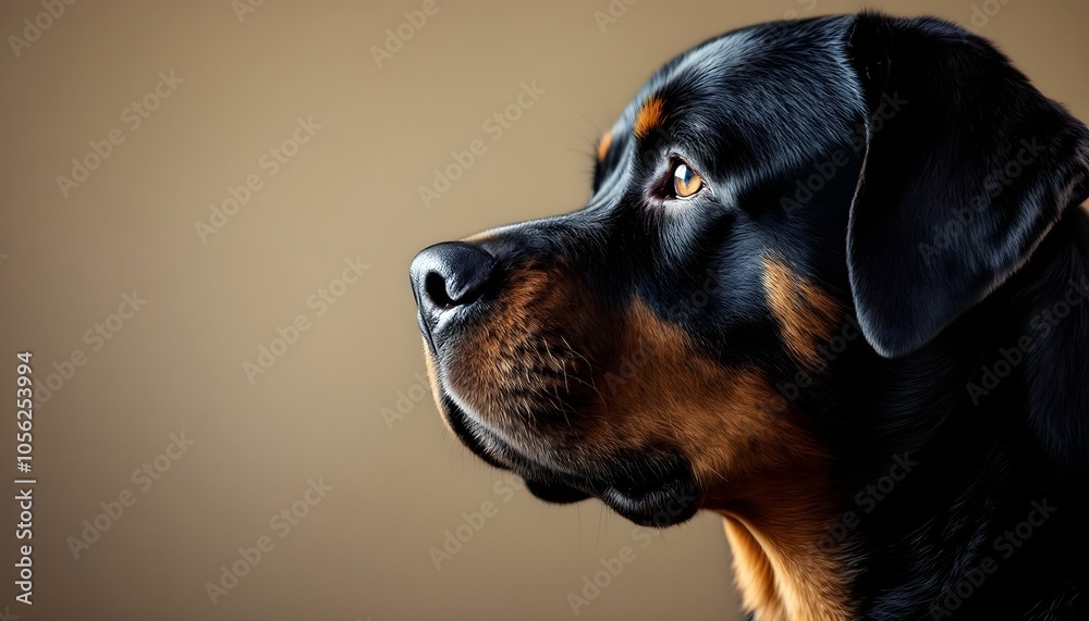 Black and Brown Rottweiler Side Profile with Detailed Fur and Soft Natural Lighting Black and Brown Rottweiler Side Profile with Detailed Fur and Soft Natural Lighting