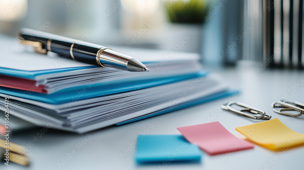 A close-up of a neatly stacked pile of colorful sticky notes, showcasing vibrant hues that add a lively touch to any organized workspace. Pen on top.