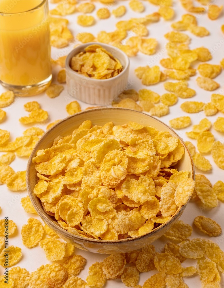A bowl of cereal with a glass of juice A bowl of cereal with a glass of juice