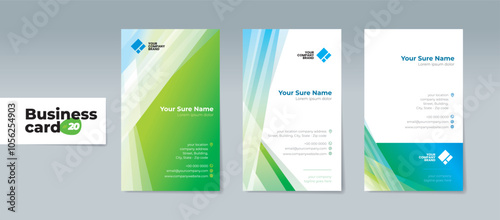 Set of business card templates with illustrations of randomly stacked transparent blue and green triangles on a blue and white background