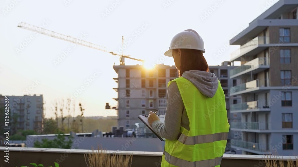 Construction female engineer taking notes and writing on clipboard while inspecting a building site at sunset. Industry development concept Construction female engineer taking notes and writing on clipboard while inspecting a building site at sunset. Industry development concept