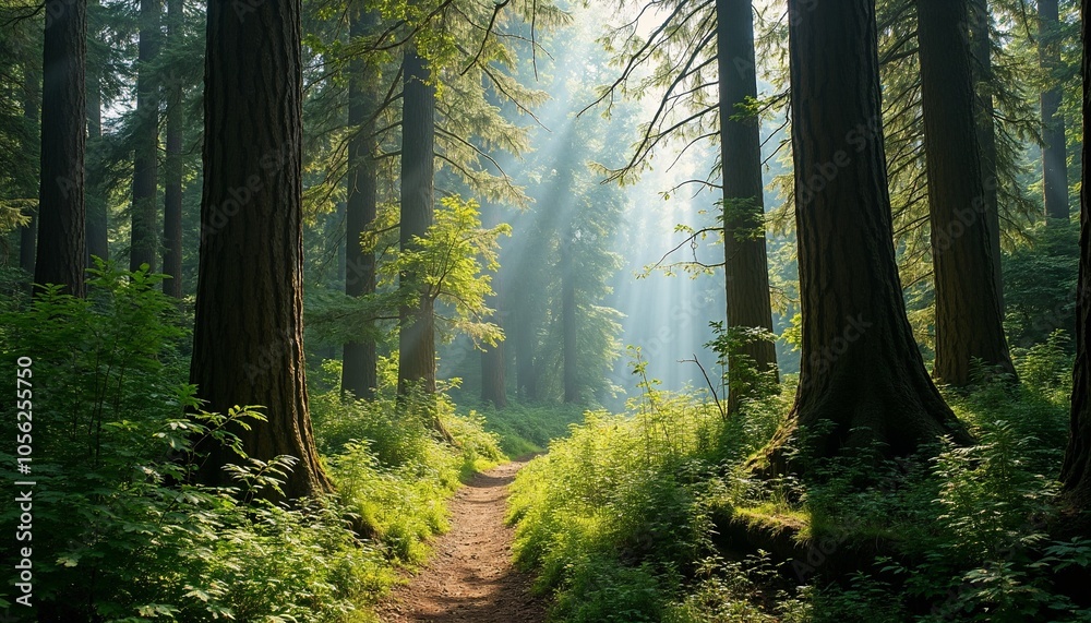 Lush forest landscape with tall trees and sunlight filtering through, capturing the peaceful atmosphere of a national park with copy space Lush forest landscape with tall trees and sunlight filtering through, capturing the peaceful atmosphere of a national park with copy space