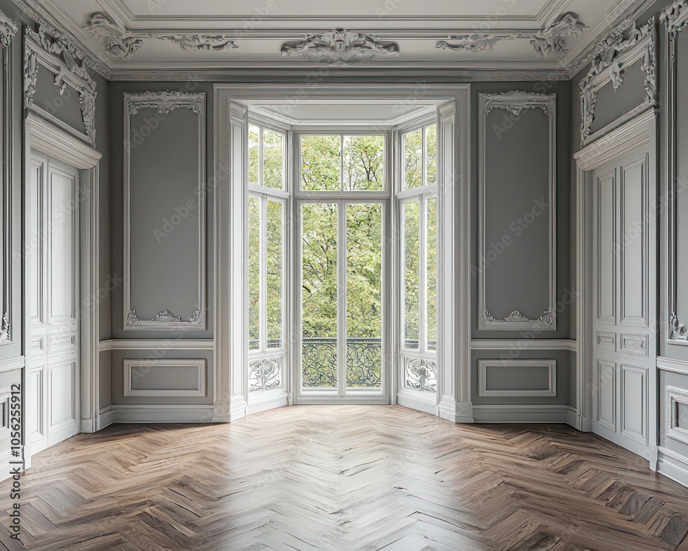 Classical empty room interior 3D render featuring wooden floors, gray walls, and white moldings with a nature view Classical empty room interior 3D render featuring wooden floors, gray walls, and white moldings with a nature view