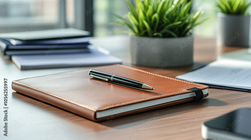 A stylish leather notebook is open with a sleek pen resting across the pages, surrounded by organized documents and a small potted plant in a modern workspace. clean worksplace. A stylish leather notebook is open with a sleek pen resting across the pages, surrounded by organized documents and a small potted plant in a modern workspace. clean worksplace.