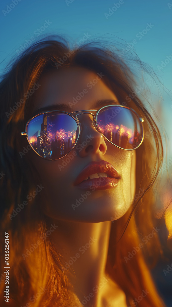 close up of a woman with attitude and style, wearing sunglasses that reflect fireworks during new year's and christmas celebrations