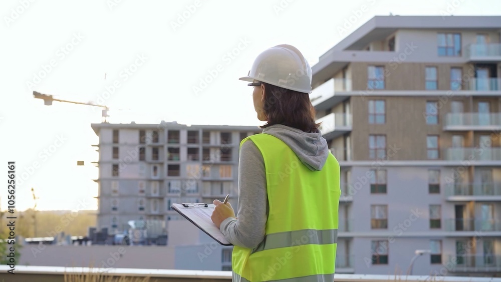 Female engineer with a white protective helmet and safety vest is writing on a clipboard while inspecting a construction site at sunset. Architect and engineering concept Female engineer with a white protective helmet and safety vest is writing on a clipboard while inspecting a construction site at sunset. Architect and engineering concept