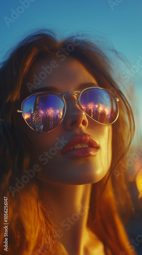 Obraz na płótnie close up of a woman with attitude and style, wearing sunglasses that reflect fireworks during new year's and christmas celebrations w salonie