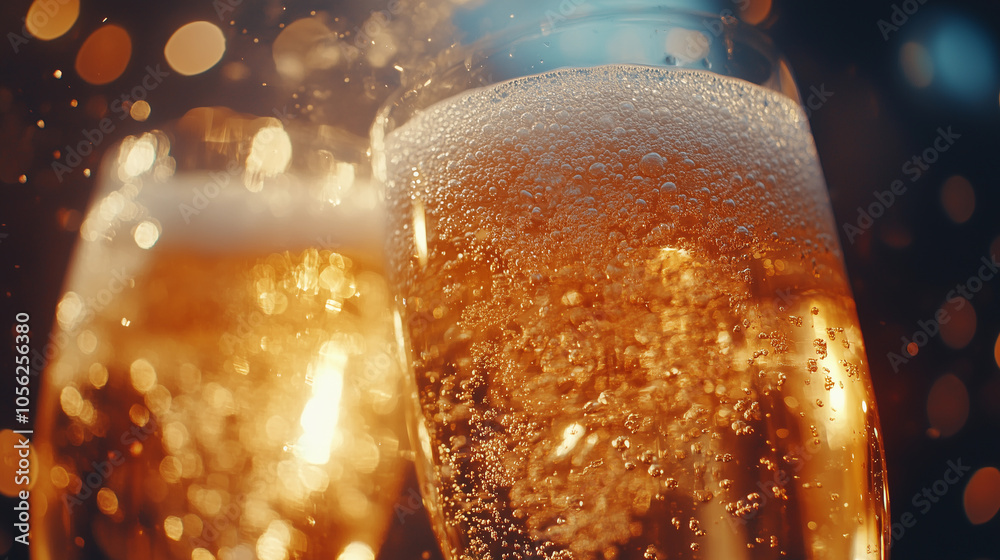 a closeup of bubbles in a crystal glass of sparkling wine, celebrating during new year's and christmas festivities