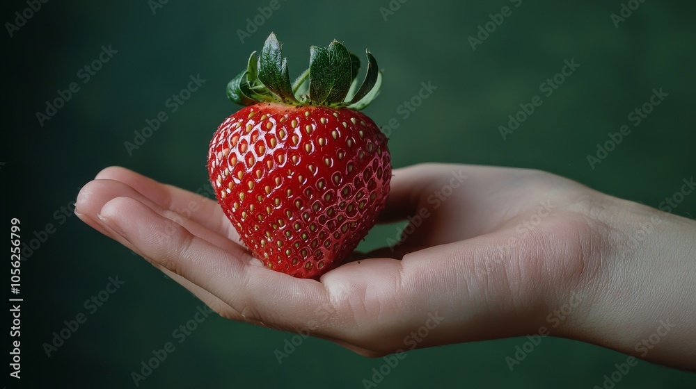 Obraz premium Fresh Strawberry Held in Hand on Green Background