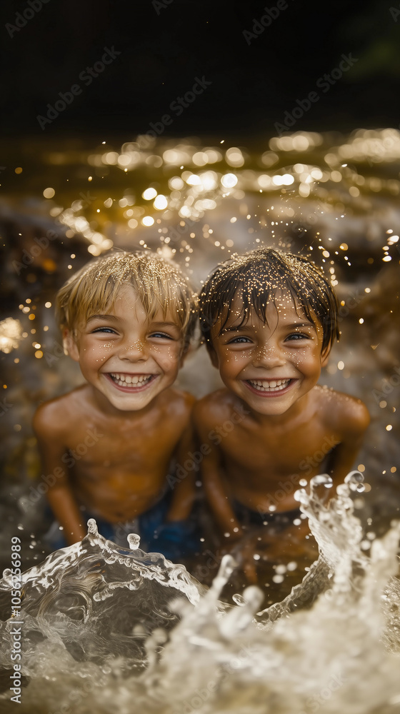 two happy children smiling and sharing fun sparkles in the water, celebrating friendship and childhood innocence through play