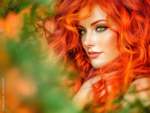 Vibrant Red-Haired Woman with Green Eyes in Nature 