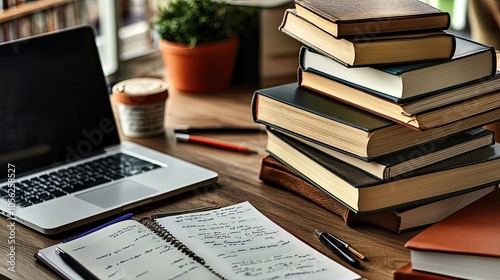 A stack of scholarly books on a desk next to a laptop and a notepad filled with notes, conveying an academic atmosphere,