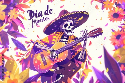 Day of the Dead skeleton dressed in a sombrero, poncho, and holding a guitar, set against a festive color palette..