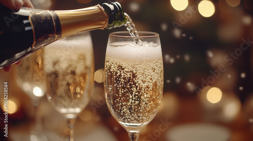 a bottle pouring champagne into a crystal glass during a party new year's and christmas celebration