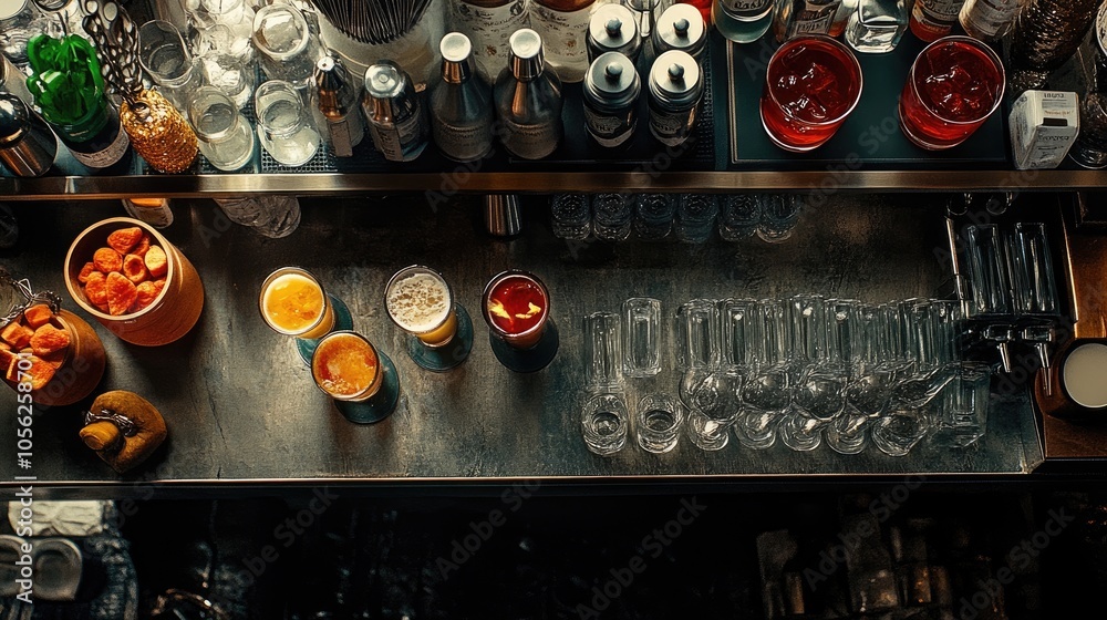 A striking overhead view of a bar counter with various cocktails, shakers, and decorative garnishes arranged artistically. A striking overhead view of a bar counter with various cocktails, shakers, and decorative garnishes arranged artistically.