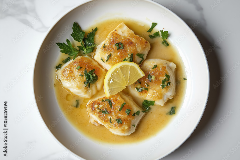 top view of perfectly baked white fish fillets in lemon butter sauce garnished with parsley, ideal for healthy dining top view of perfectly baked white fish fillets in lemon butter sauce garnished with parsley, ideal for healthy dining