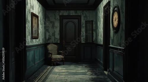 Wallpaper Mural Dark Academia Styled Hallway with a Chair and a Clock, Victorian Mansion Interior Torontodigital.ca