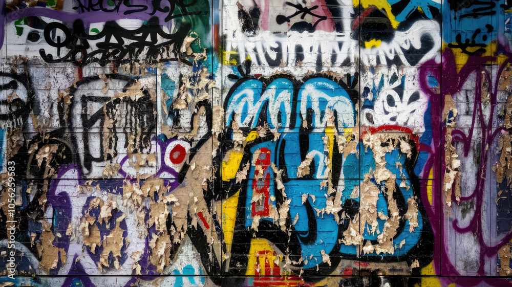 Fototapeta premium Graffiti on distressed wall with chaotic colors and textures.