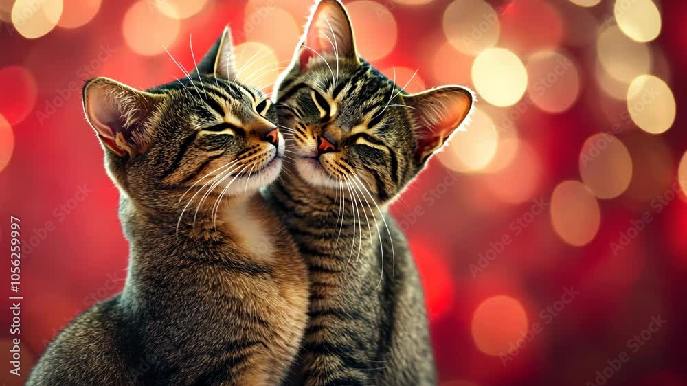 Two tabby cats snuggle close together against a red and gold bokeh background