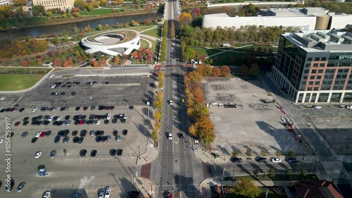 2024 downtown columbus drone slow pan up down broad street in fall during golden hour