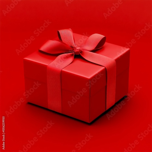 A vibrant red gift box with a shiny ribbon sits on a matching red backdrop. Perfect for celebrations and special occasions. This image captures joy and anticipation of receiving gifts. AI