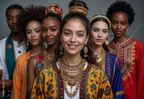 Diverse group showcase traditional cultural attire and jewelry in a studio setting with a soft background lighting