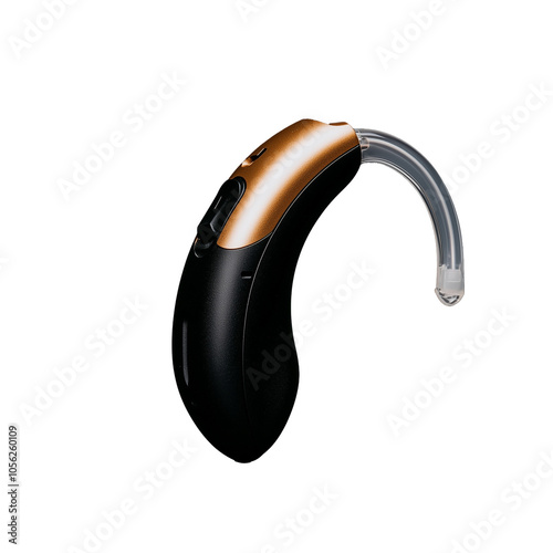 Stylish black and gold hearing aid on transparent background