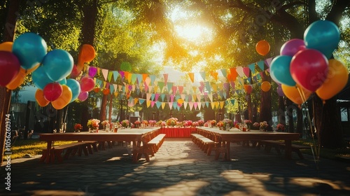 A vibrant graduation ceremony with colorful balloons and banners in a sunny outdoor setting.