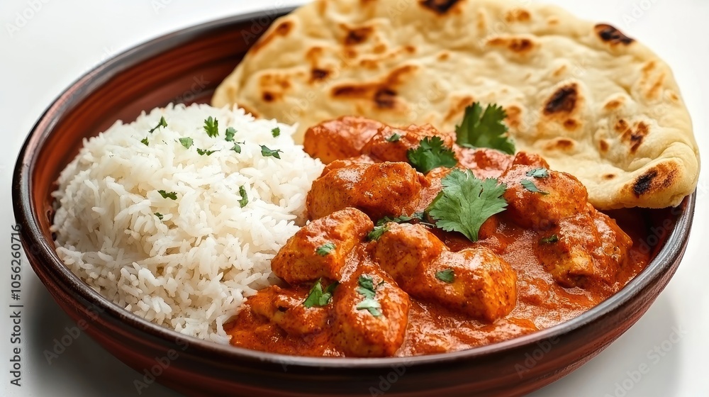 A vibrant plate of butter chicken served with naan and basmati rice. A vibrant plate of butter chicken served with naan and basmati rice.
