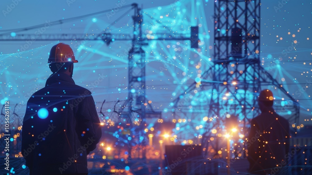 A flurry of activity at a bustling construction site as workers build a new cell site for the 5G network. A flurry of activity at a bustling construction site as workers build a new cell site for the 5G network.