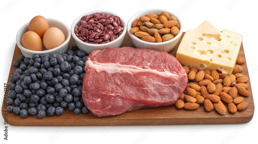 A stunning display of various food items, including salmon, cheese, and eggs, beautifully arranged on a wooden board against a white backdrop A stunning display of various food items, including salmon, cheese, and eggs, beautifully arranged on a wooden board against a white backdrop