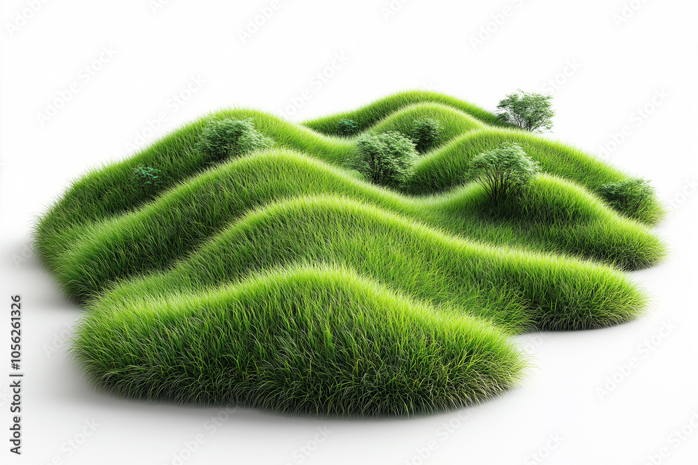 Fototapeta premium Isolated green grass field with gentle bends and small trees during daylight