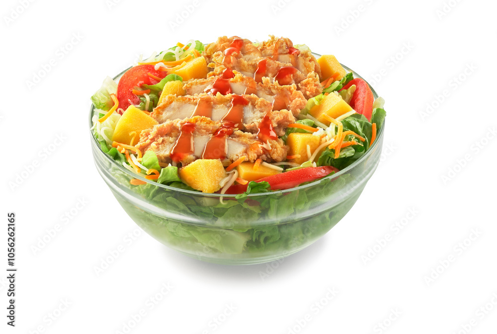 Mango chicken green salad in a transparent bowl Mango chicken green salad in a transparent bowl